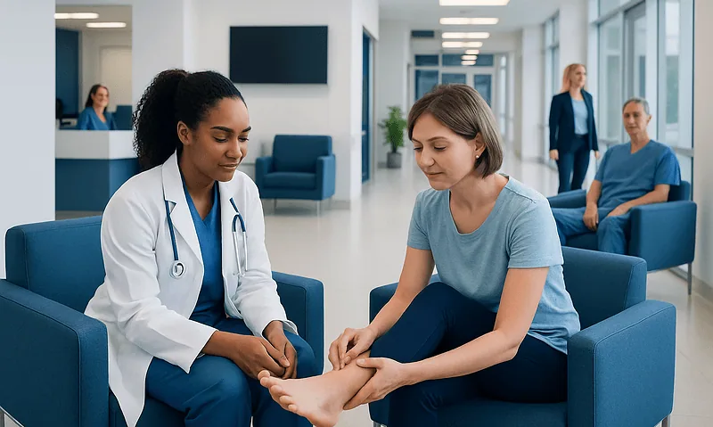 Doctor examining patient's foot in a modern hospital waiting area.