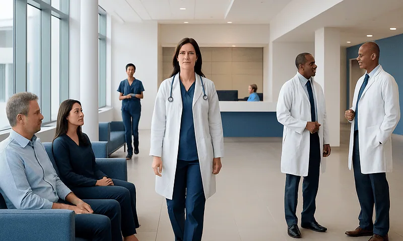 Medical professionals and patients in a hospital waiting area.