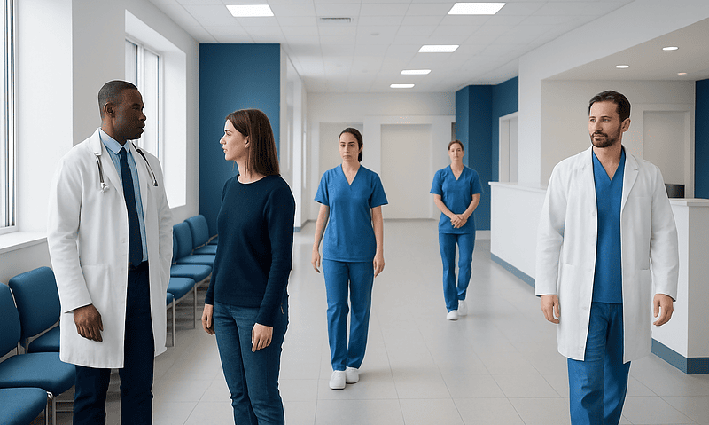 Medical team discussing patient care in hospital corridor.