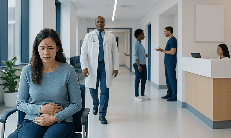 Patient experiencing stomach pain in a hospital corridor.