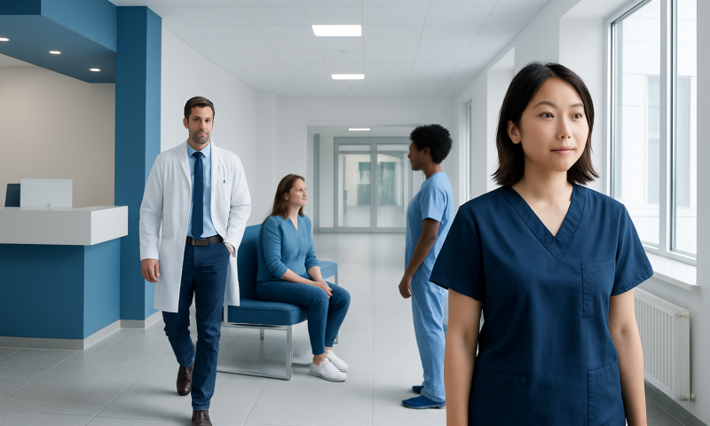 Medical team in hospital corridor with nurse in foreground and doctors in background.