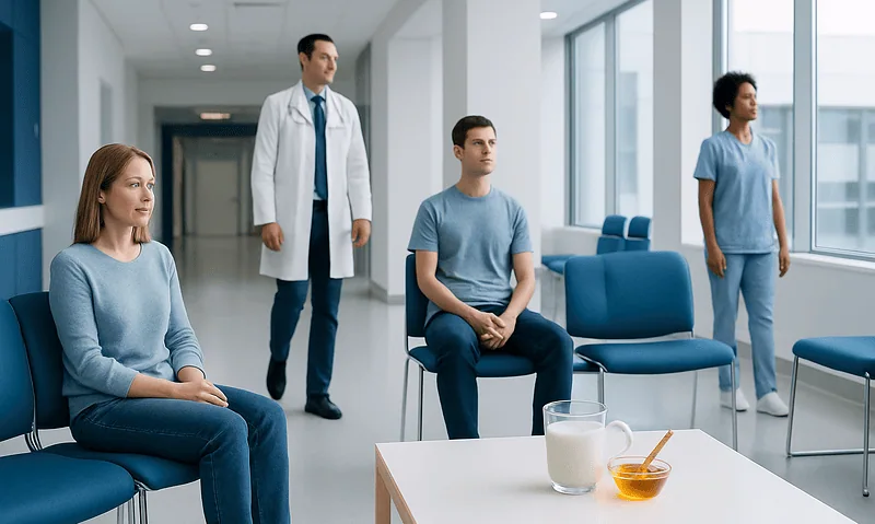 Patients waiting in a hospital corridor with a doctor present.
