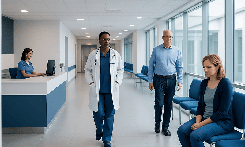 Medical professionals and patients in a modern hospital corridor.