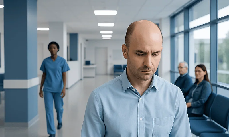 Man with hair loss looking worried in hospital corridor.