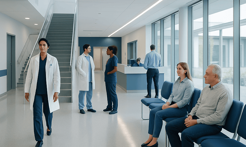 Modern hospital waiting area with medical staff and patients.