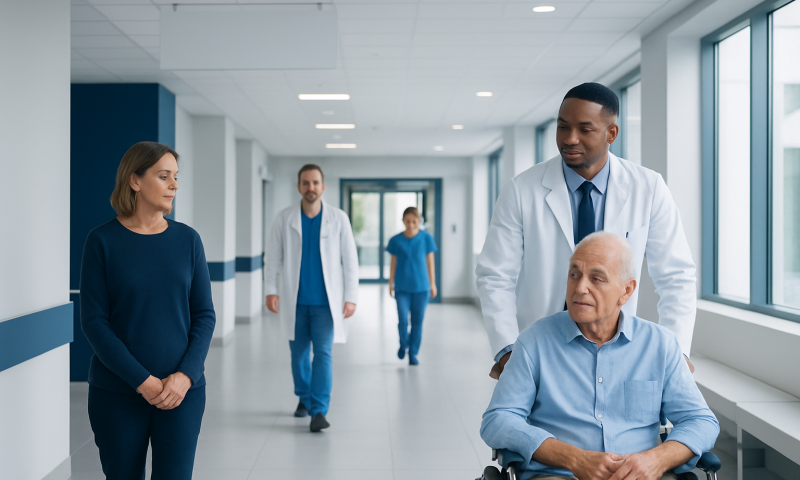 Healthcare professionals and patient in hospital corridor, modern medical facility.