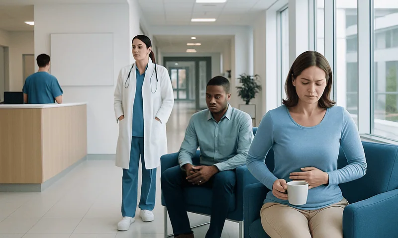 Patients waiting in a hospital corridor with a doctor nearby.