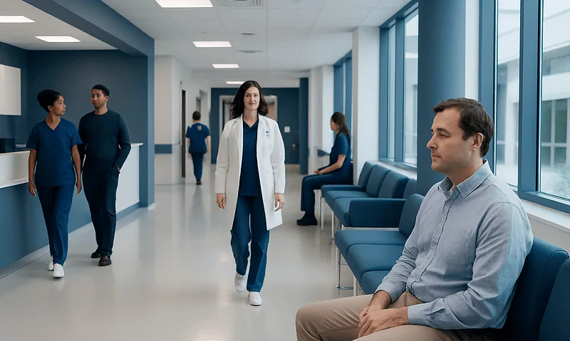Hospital corridor with medical staff and a patient sitting on a bench.