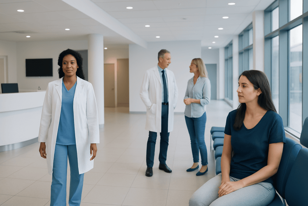 Do You Burn More Calories on Your Period? Causes, Explanations, and Next Steps 1 Medical professionals and patient in a modern hospital lobby.