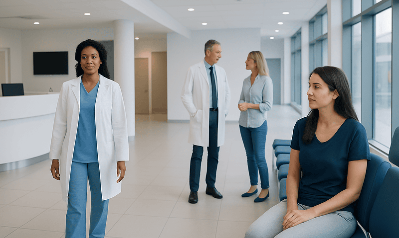 Medical professionals and patient in a modern hospital lobby.