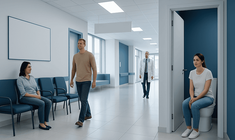 Patients waiting in a hospital corridor with a woman on the toilet in a private room.