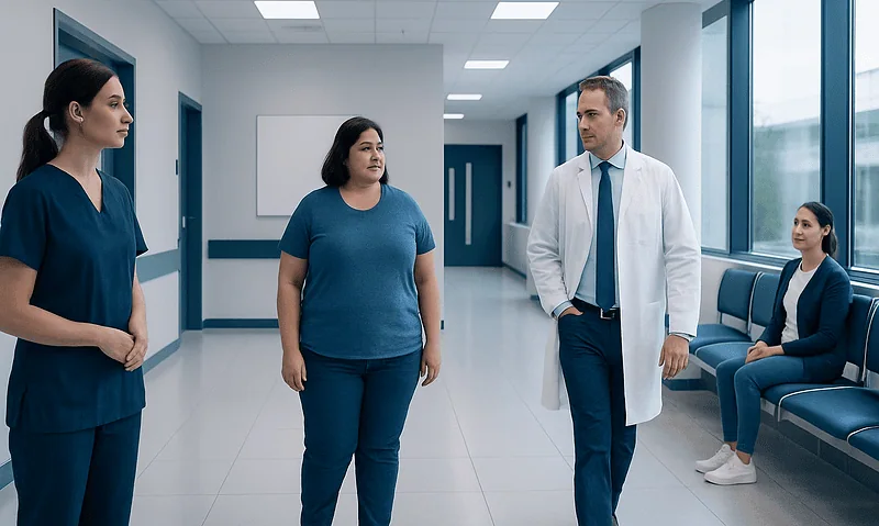 Doctor and nurses in hospital corridor discussing patient care.