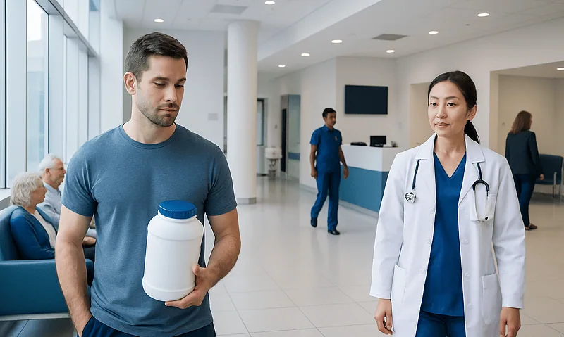 Young man holding protein supplement in hospital waiting area.