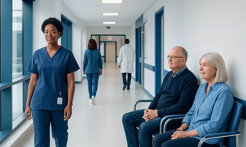 Healthcare professionals and patients in a hospital corridor at Acibadem Hospitals Group.