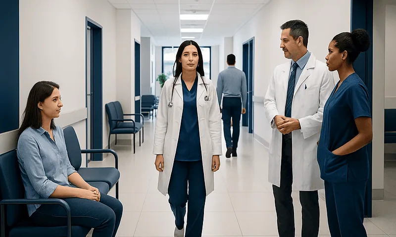 Medical team discussing patient care in hospital corridor.