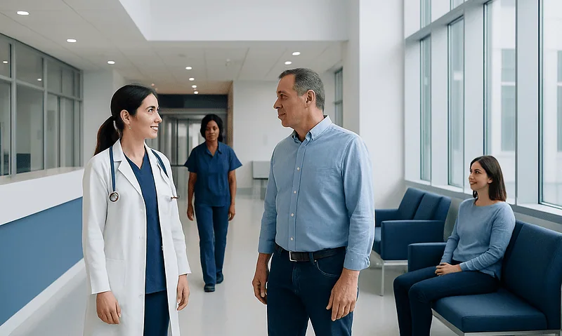 Hospital staff and patient engaging in conversation in a modern medical facility.