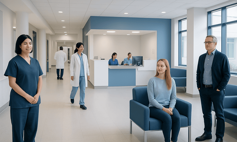 Modern hospital reception area with staff and patient seating.