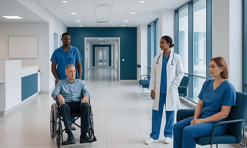 Hospital staff with patient in wheelchair in modern medical facility.