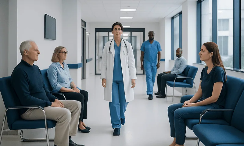 Medical staff and patients in a hospital corridor at Acibadem Hospitals Group.