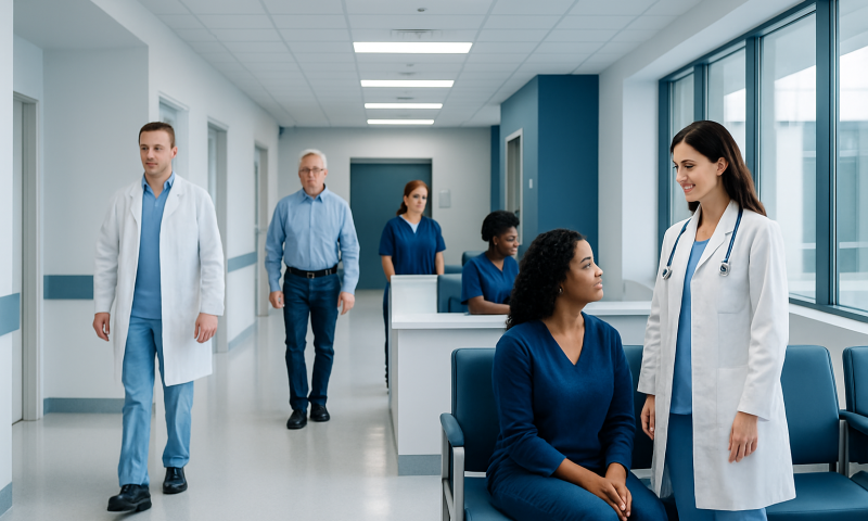 Medical team consulting in a hospital corridor with patients and doctors.