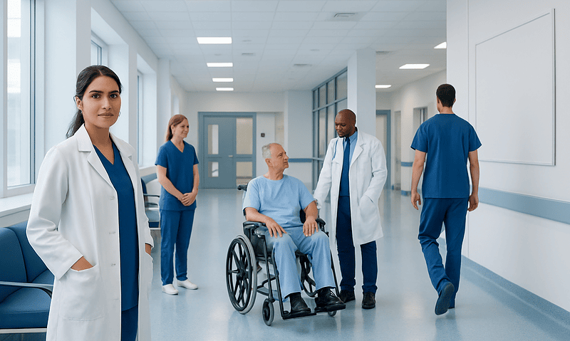 Medical team assisting a patient in a hospital corridor.