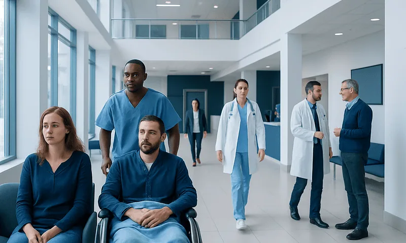 Hospital staff and patients in a modern medical facility corridor.