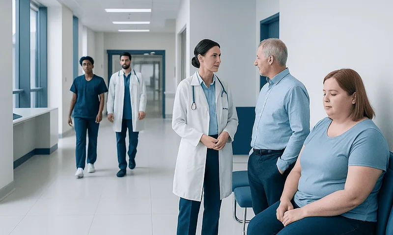 Doctor consulting with patient in hospital corridor at Acibadem Hospitals.