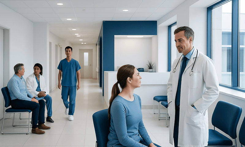 Doctor consulting a patient in a hospital corridor with other patients nearby.