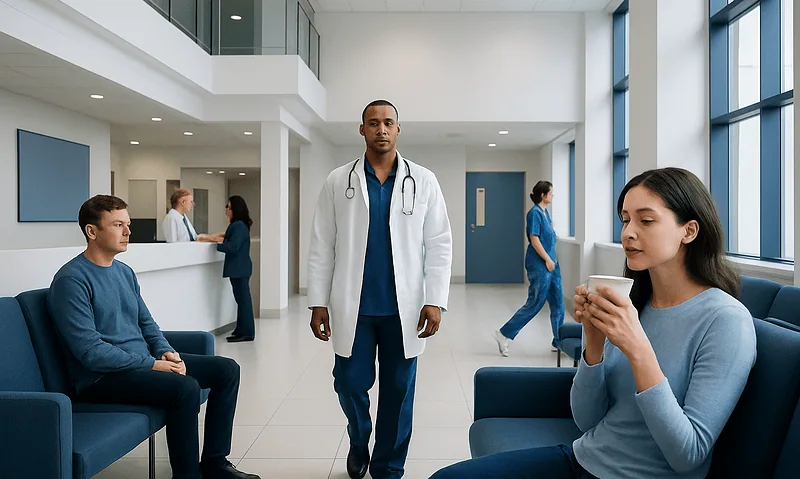 Doctor in hospital waiting area with patients and staff.