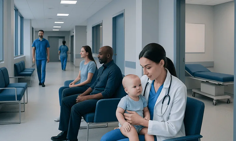 Healthcare professionals and patients in a hospital waiting area.