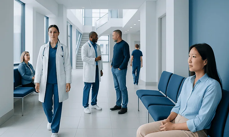 Medical staff and patients in a modern hospital corridor.