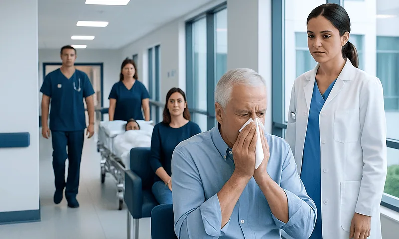 Elderly man experiencing allergy symptoms in hospital with medical staff nearby.