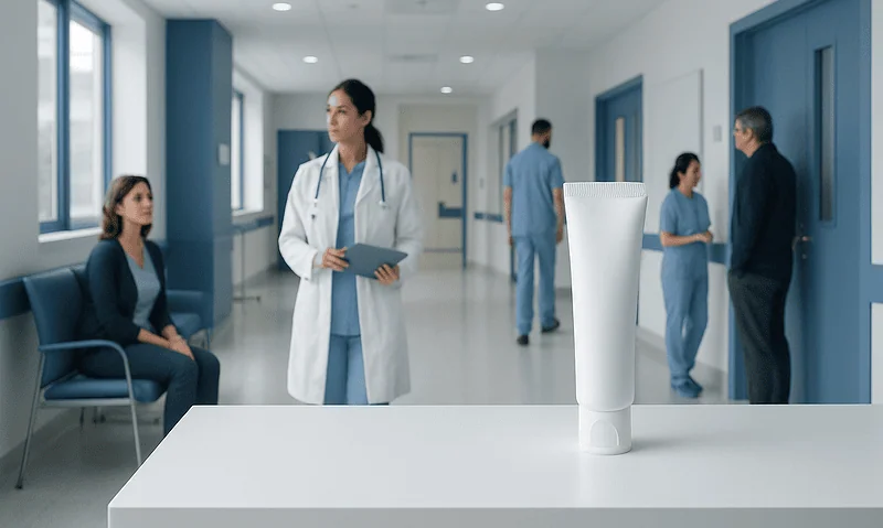 Medical staff in hospital corridor with a large tube of toothpaste on a table.