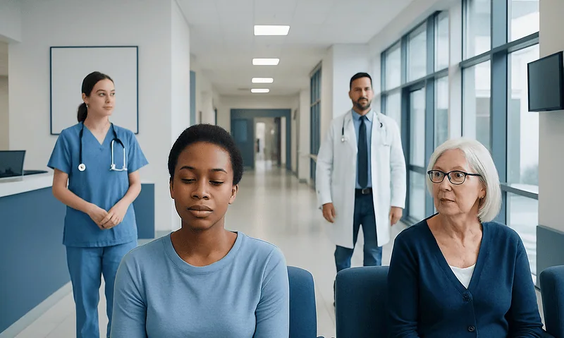 Medical consultation with healthcare professionals in a hospital corridor.