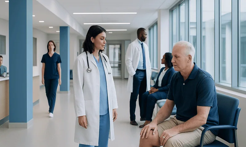 Medical consultation in a modern hospital corridor with healthcare professionals and a patient.