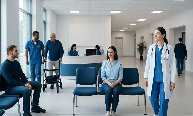 Hospital waiting area with patients and medical staff at Acibadem Hospitals Group.