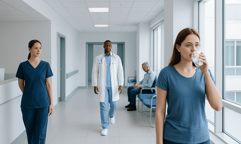 Can You Drink Water While Fasting? Here Is What the Evidence Says 13 Young woman drinking water in hospital corridor with medical staff nearby.
