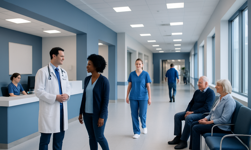 Hospital corridor with medical staff and patients in a modern healthcare facility.