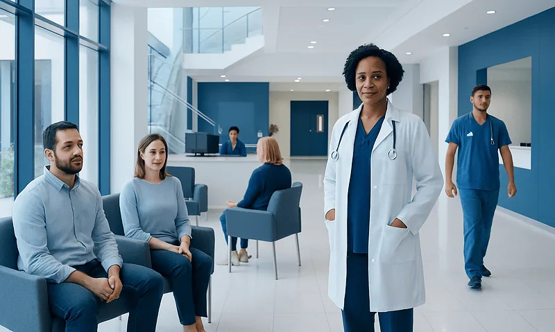 Medical team and patients in a modern hospital lobby.