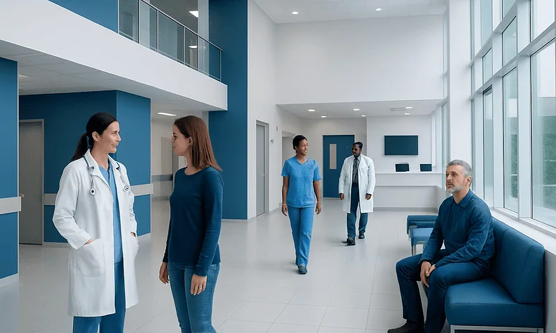 Healthcare professionals and patient in modern hospital lobby.