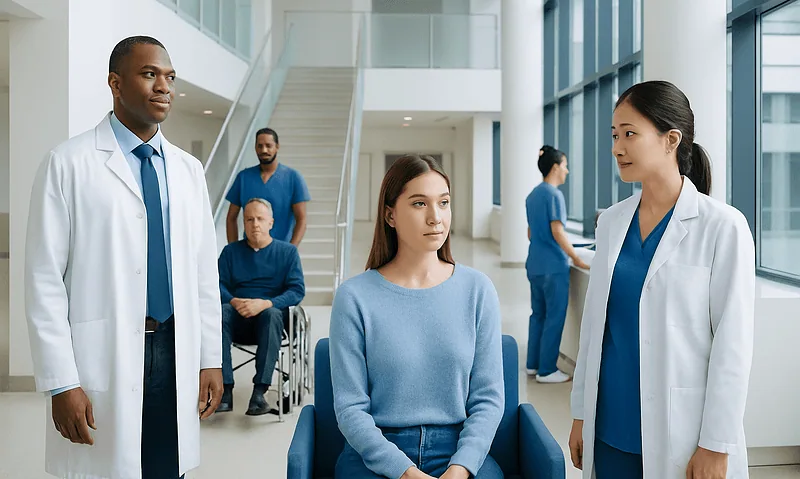 Medical team consulting with patient in hospital lobby.