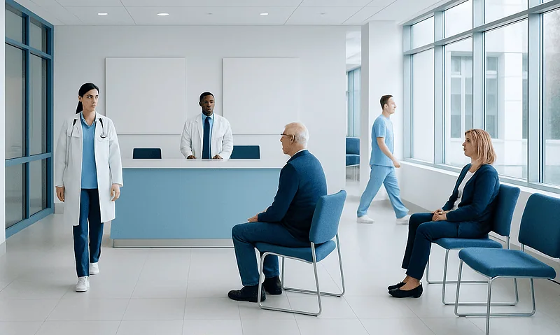 Hospital waiting area with doctors and patients in a modern medical facility.
