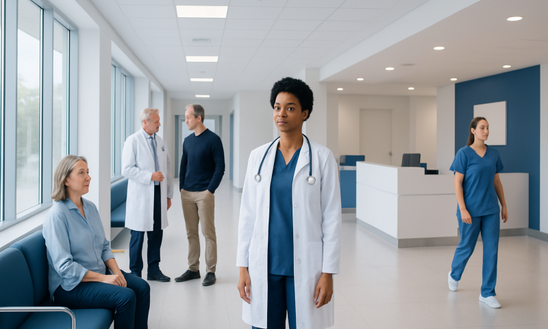 Healthcare professionals and patients in a modern hospital corridor.