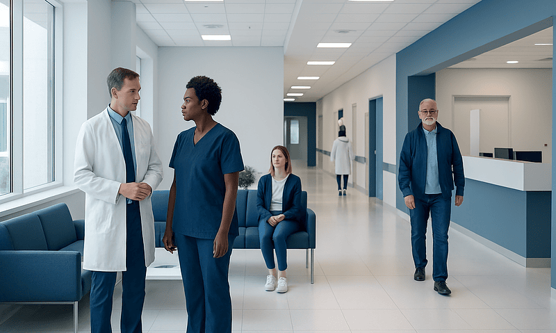 Eczema vs Psoriasis: Key Differences and How Doctors Tell Them Apart 1 Doctors and nurse in hospital corridor discussing patient care.