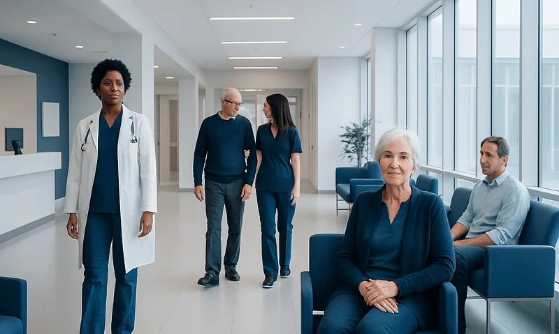 Diverse medical staff and patients in a modern hospital corridor.