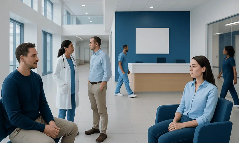 Medical professionals and patients in a modern hospital lobby.