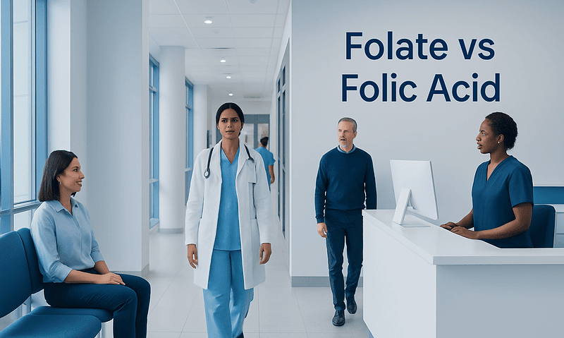 Medical professionals discussing folate and folic acid in a hospital corridor.