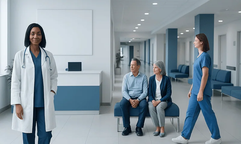 Diverse medical team in a modern hospital waiting area.