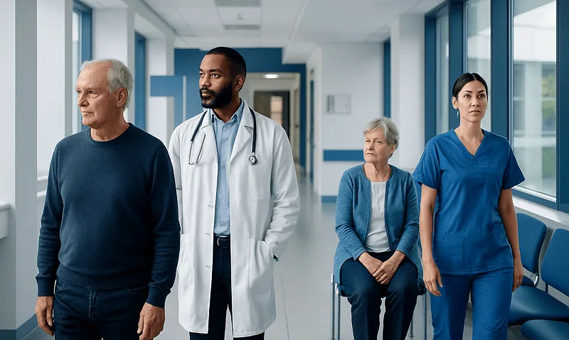 Diverse medical team with elderly patients in hospital corridor.