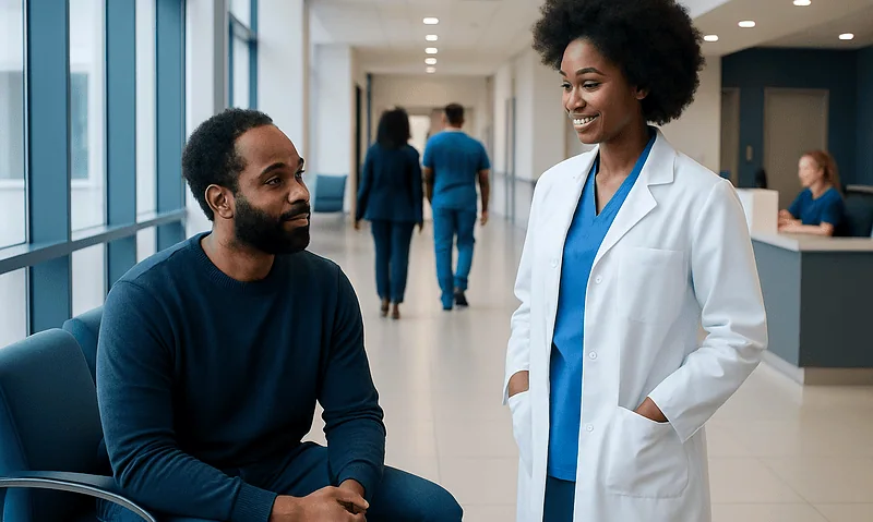 African American patient consulting with a doctor in a hospital corridor.
